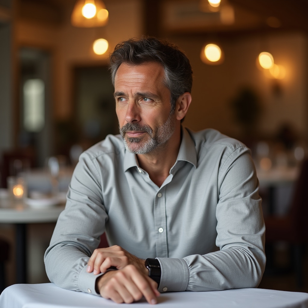 Cliente che aspetta al tavolo in un ristorante, espressione pensierosa