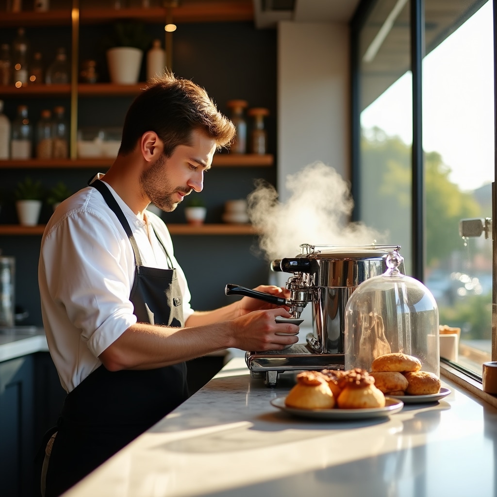 Bancone di un bar moderno con barista che prepara caffè
