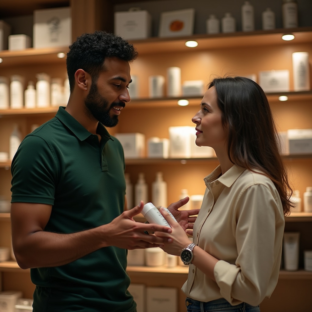 Commesso di negozio che spiega un prodotto a un cliente con attenzione