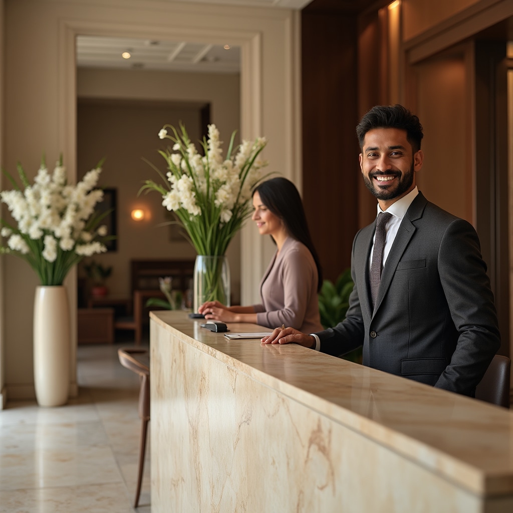 Reception di un hotel boutique con personale che accoglie gli ospiti