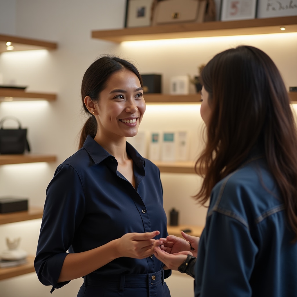 Assistente di negozio che aiuta un cliente in un punto vendita moderno